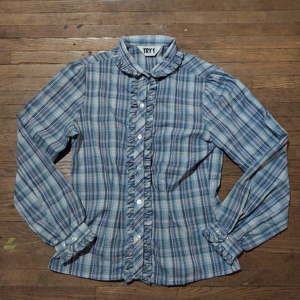 Vtg Try 1 Plaid Ruffle Button-Up Shirt